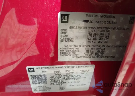 2020 GMC Sierra 1500 4Wd Short Box At4 z USA, uszkodzony, nr VIN 3GTP9EED6LG218957